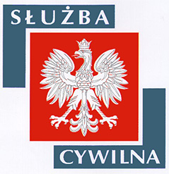 logo służby cywilnej biały orzeł na czerwonym tle i napis