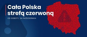 Kontur granic Polski na czerwono i napis cała Polska czerwona strefą.