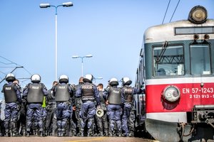 Policjanci podczas zabezpieczania pociągu w którym znajdują się kibice.