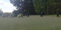 funkcjonariusze policji i straży pożarnej państwowej i ochotniczej na miejscu poszukiwań osoby zaginionej, przeszukują pole ze zbożem