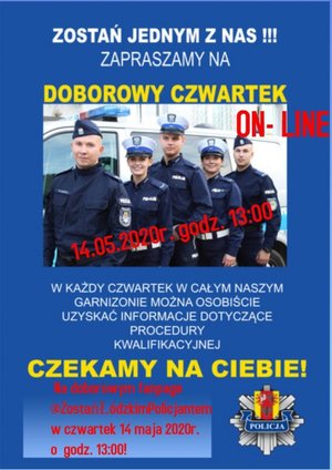 Plakat z policjantami zachęcającymi do wstąpienia do policji.