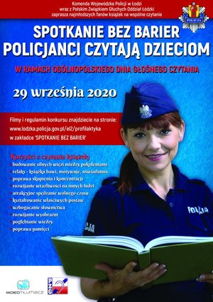 Plakat pokazujący policjantkę w mundurze i z książka w dłoni opisujący akcję Policjanci czytają dzieciom.