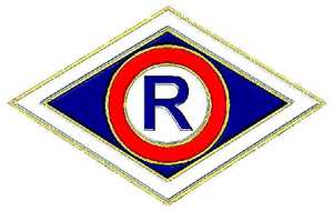 Logo policji ruchu drogowego, poziomy romb z wpisaną w czerwony okrąg czarną literą R.