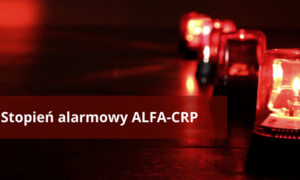 Napis stopień alarmowy alfa na czerwonym tle.