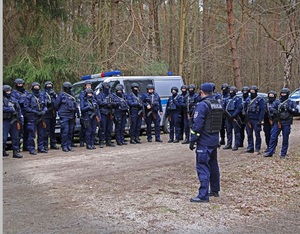 policjanci stoją na ścieżce leśnej