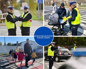 Kolaż obrazków z policjantami przy przejściach dla pieszych w środku napis międzynarodowy dzień zebry.
