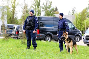 policjanci i pies służbowy.