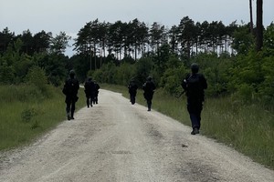 Policjanci Oddziału Prewencji Policji w trakcie ćwiczeń w lesie.