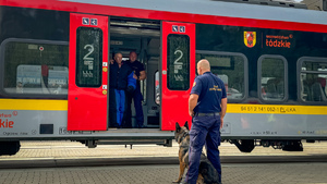 Policjant z psem służbowym podczas pozorowanego ataku w tle wagon pociągu.