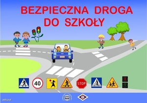 Droga, samochód, napis bezpieczna droga do szkoły, dzieci idące poboczem, znaki drogowe.