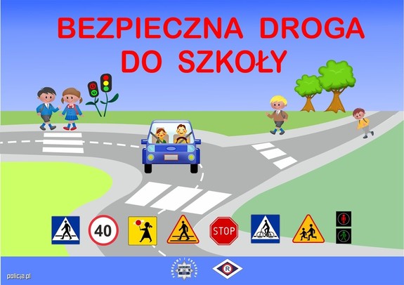 Droga, samochód, napis bezpieczna droga do szkoły, dzieci idące poboczem, znaki drogowe.