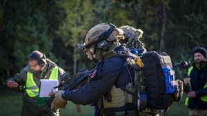 Policjanci Samodzielnego Pododdziału Kontrterroystycznego Policji w Łodzi podczas ćwiczeń bojowych.