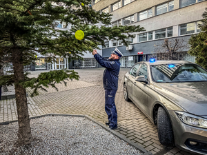 Policjant zakłada odblaski na choinkę