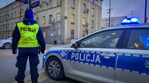 Policjant w kamizelce odblaskowej z napisem policja obok radiowozu.