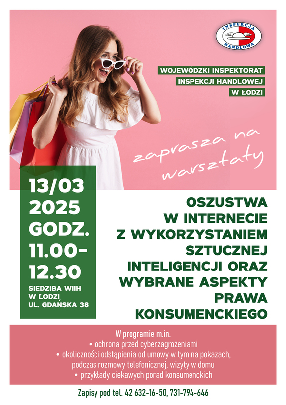 Plakat zapraszamy na warsztaty na różowym tle, kobieta w białej sukience z okularami, napis oszustwa w internecie z wykorzystaniem sztucznej inteligencji 13.03.2025 godz.11. 00-12.30