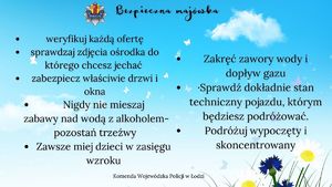 Grafika na niebieskim tle zawierające wskazówki dotyczące bezpieczeństwa podczas wypoczynku majowego.