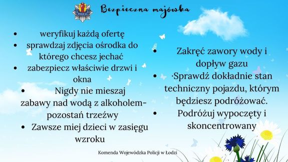 Grafika na niebieskim tle zawierające wskazówki dotyczące bezpieczeństwa podczas wypoczynku majowego.