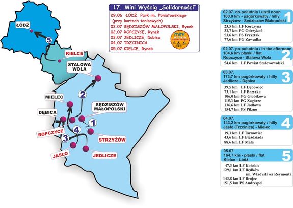 Mapa przedstawiająca trasę wyścigu kolarskiego.