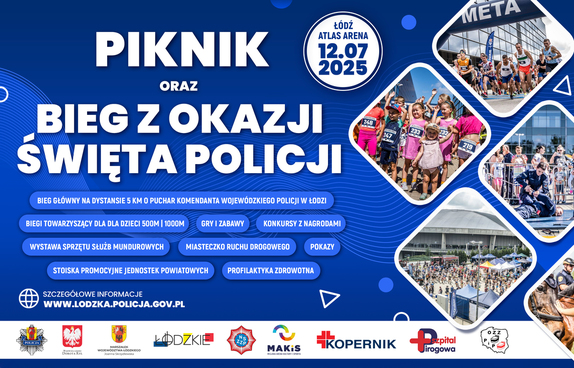 Grafika na granatowym tle napis piknik oraz bieg z okazji święta POLICJI.