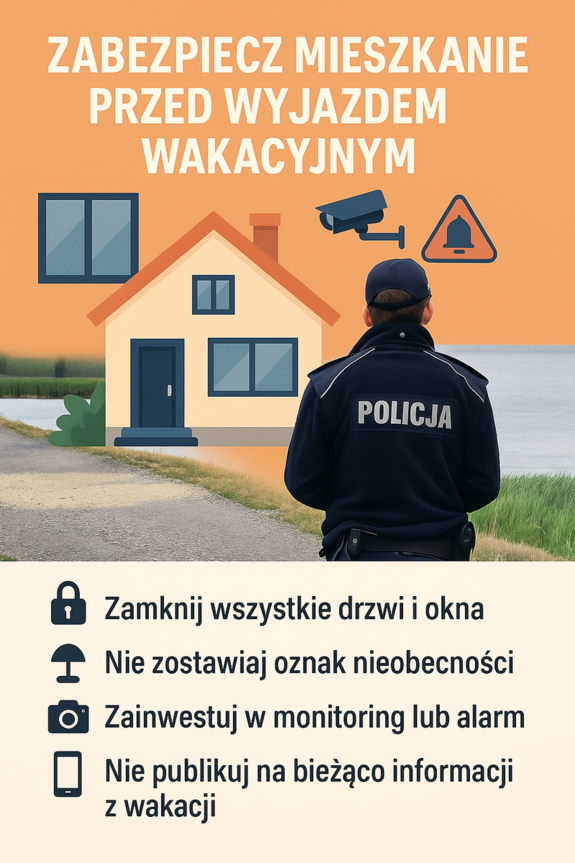 Grafika z napisem zabezpiecz mieszkanie przed wyjazdem dom, przed domem stoi policjant, w tle kamera, okno
