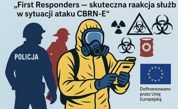 Plakat z nazwą projektu i rysunkiem policjanta oraz osoby w kombinezonie ratowniczym.