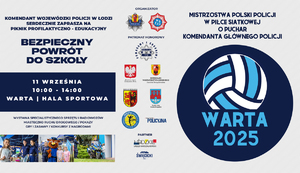 Grafika na której są informacje o Turnieju w Piłkę Siatkową oraz o pikniku profilaktycznym.