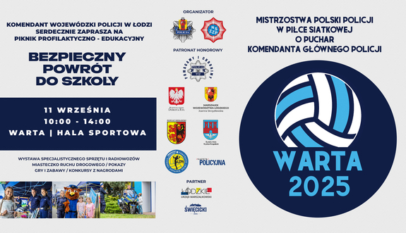 Grafika na której są informacje o Turnieju w Piłkę Siatkową oraz o pikniku profilaktycznym.
