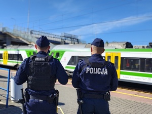 Policjanci kontrolują teren kolei,widać pociąg.
