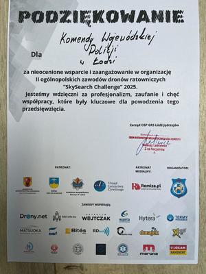 Podziękowanie dla KWP w Łodzi.