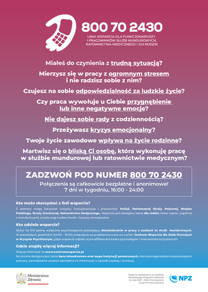 Plakat dotycząca linii wsparcie psychologicznego dla funkcjonariuszy.