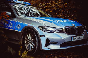 radiowóz wśród liści