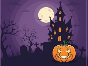 dynia i straszny dom na fioletowym tle.