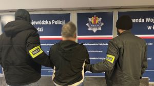 Policjanci stoją z zatrzymanym mężczyzną.