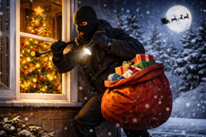 Świąteczna grafika przedstawiająca włamywacza.