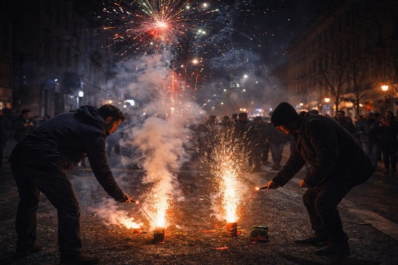 Mężczyźni odpalają fajerwerki.