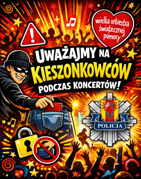 Złodziej wyjmuje portfel z kieszeni, logo WOŚP, logo łódzkiej policji. Napis uważajmy na kieszonkowców podczas koncertów.