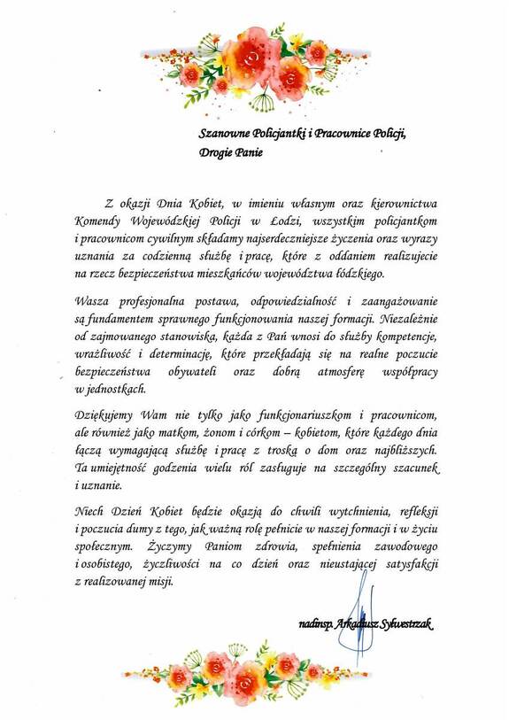 Życzenia Komendanta Wojewódzkiego Policji w Łodzi.