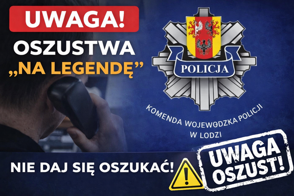 Uwaga oszustwa na legendę, grafika z logo KWP Łódź
