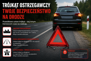Trójkąt ostrzegawczy ustawiony za pojazdem oraz informacje jak prawidłowo ustawić trójkąt.