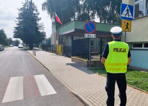 Policjant stoi przy przejściu dla pieszych.