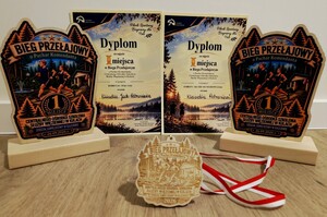 Dwa dyplomy, statuetki i medal.