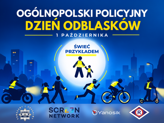 Grafika z napisem: Dzień odblasków, 1 października Świeć Przykładem oraz postaci pieszych, rowerzystów, osoby na hulajnogach i motocyklu.