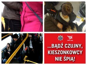 Fotografie z akcji przeciwko kieszonkowcom,które pokazują jak działają złodzieje wykorzystując tłok w środkach komunikacji.