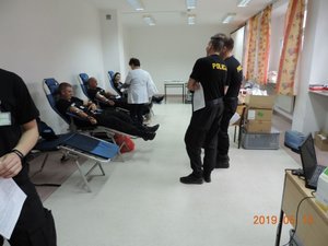 widok sali, na której policjanci oddają krew, kilku stoi i czeka a kilku leży na fotelach i oddaje krew.