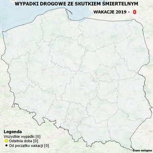 mapa Polski bez punktów wskazujących na wypadki śmiertelne.