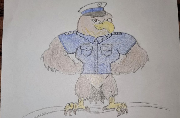 Rysunek maskotki komisarz Speedek, orzeł w mundurze policyjnym ruchu drogowego.