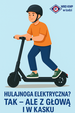 Grafika, chłopiec w kasku jedzie na hulajnodze.