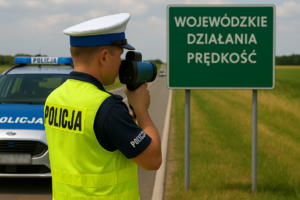 Policjant mierzący prędkość pojazdu obok radiowóz i tabliczka z napisem wojewódzkie działania prędkość.
