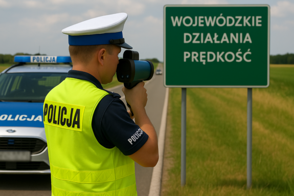 Policjant mierzący prędkość pojazdu obok radiowóz i tabliczka z napisem wojewódzkie działania prędkość.