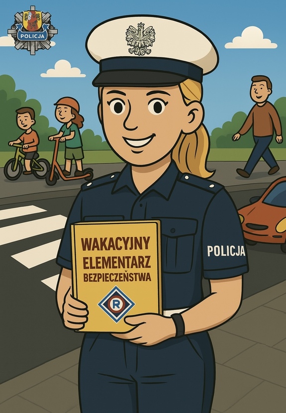 Grafika policjant trzyma w reku elementarz bezpieczeństwa.